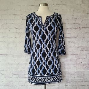 White House Black Market Black Blue Printed Notch Neck Tunic Top XS
